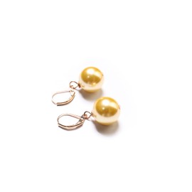 Golden Yellow South Sea Shell Pearl 14mm Large High Luster Gold Leverback Earrings, Bridal, Gift for Her