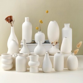 Parlamain Set of 16 White Ceramic Bud Vases, Minimalist Boho Small Pampas Grass Flower Vase for Farmhouse Home Decor, Wedding Centerpiece, Shelf and Table Decoration