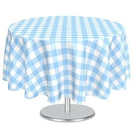 Mulbozy 2 Pcs Light Blue Gingham Round Tablecloth, 84 inches Disposable Plastic Light Blue and White Checkered Circle Table Covers for Baby Shower Wedding Bridal Shower Birthday Party Decorations