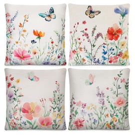 ARPOVIST Set of 4 Spring Floral Throw Pillow Covers 18x18 Inches,Soft Linen Cushion Cases with Wildflowers Plants and Butterfly Garden Design for Couch Sofa Patio and Outdoor Decor