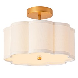 Bargeni Semi Flush Mount Ceiling Light,13-inch Modern Ceiling Light Fixture,Gold Light Fixtures Ceiling Mount with Flower-Shaped Fabric Shade, Flush Mount Light Fixture for Bedroom,Living Room,Hallway