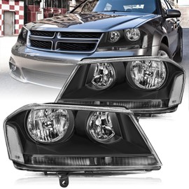 Aosky Headlight Assembly Fits for 2008-2014 Dodge Avenger Black Housing Clear Reflector Headlamps Replacement Pair Driver + Passenger Side