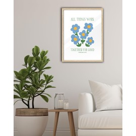 EcoHest OAK Wood God Framed Wall Art, 12x16in Romans 8:28 All Things Work Bible Verse Christian Wall Art, Modern Blue Flower Bedroom Decor For Living Room Bathroom Christian Merch Gift 1Pack