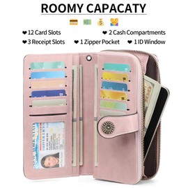 GOIACII Women's RFID Protection Large Vintage Purse for Women with 12 Card Slots, 6 Cash Compartments, Long Multiple Compartments, Removable Hand Strap, lightpink