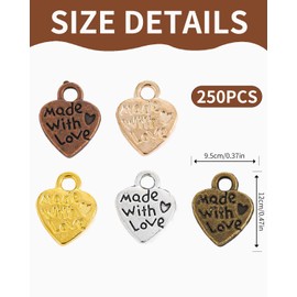 QLEUIFT 250 Pieces Mini Heart Pendants Antique Heart Pendant Craft Metal Charm Pendant Vintage Heart Pendant Made with Love Pendant for DIY Crafts Jewellery Making Accessories (5 Colours)