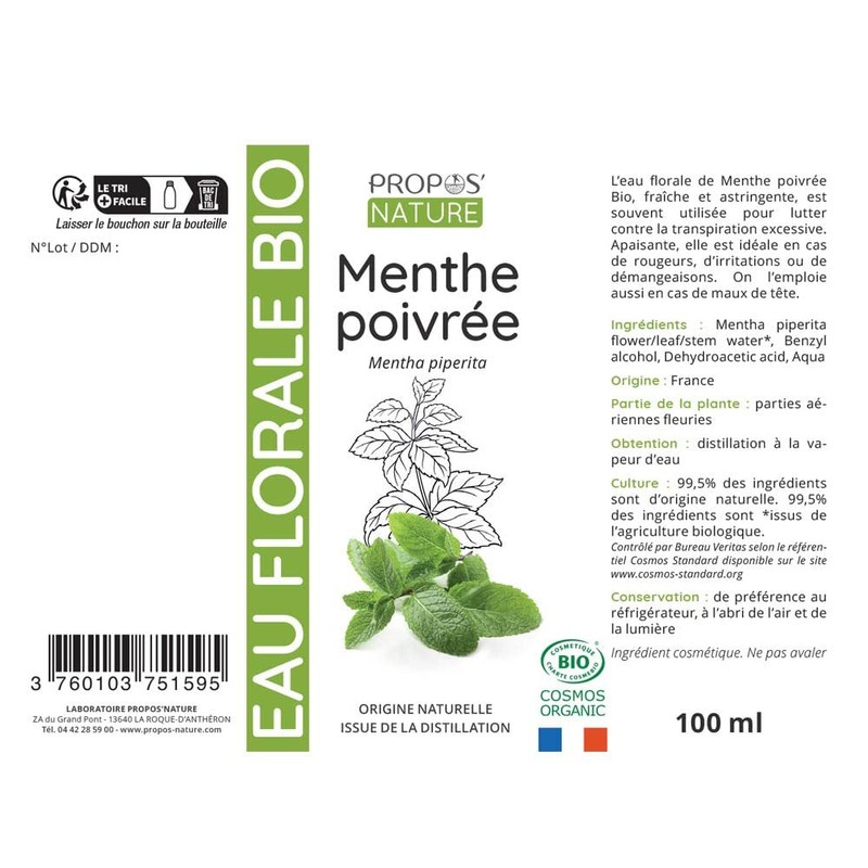Peppermint Hydrolate Organic - Mentha Piperita - 100ml PROPOS'NATURE