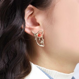 Inilbran Boho Exaggerated Human Face Earrings Vintage Abstract Geometric Face Earrings Large Face Earrings Red Amber Face Stud Earrings Jewellery for Women and Girls, Zinc
