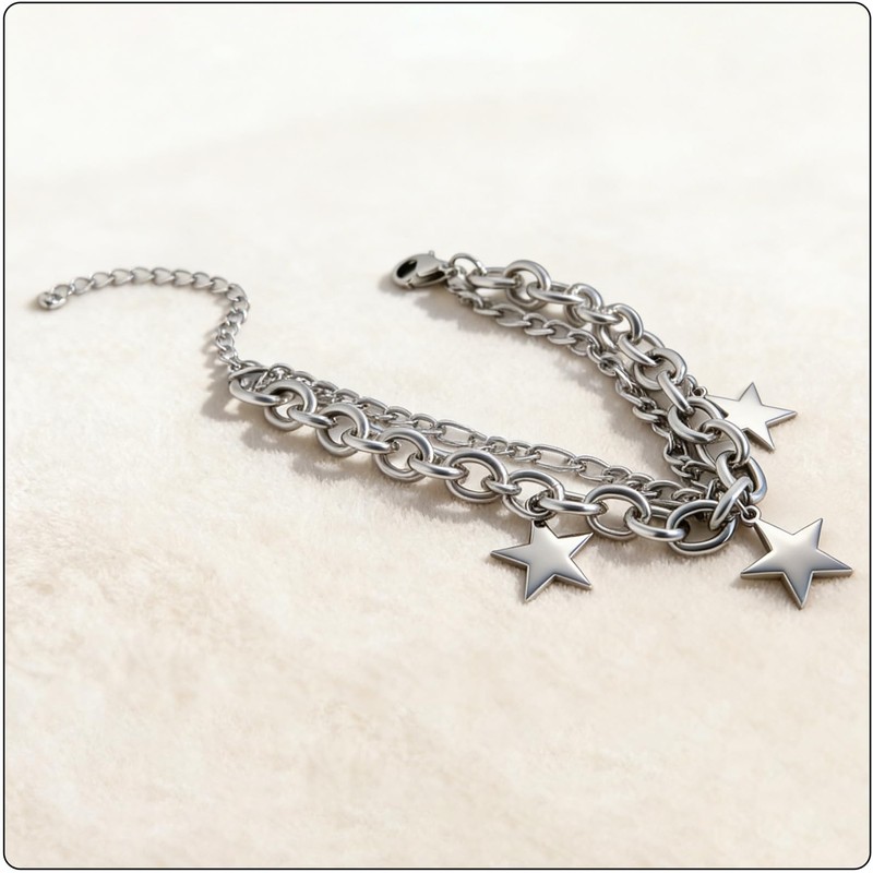 Fusamk Women’s Star Bracelet Stainless Steel Link Chain, Double Layer