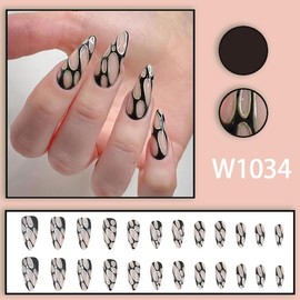 Handmade Black Bubble Nail Tip, Ribbon, 3D Nail Art, False Nail Design, 24 Pieces, Popular, Cute, Simple, Fashion