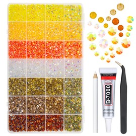 qiipii 28 Types Yellow Jelly Resin Rhinestones w B7000 Jewelry Glue for Bedazzling Crafting 3mm-6mm Flatback Colorful Orange Golden AB Stones Gems Diamonds for Nails Face Eyes Makeup Crafts Tumblers