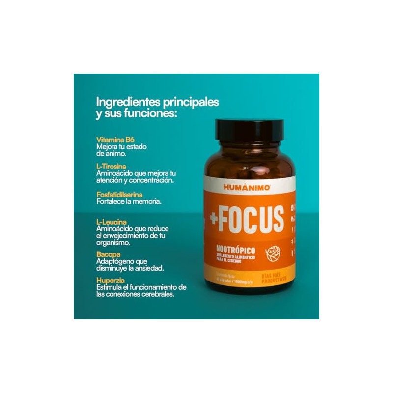 Humanimo Focus Suplemento Alimenticio Natural Mejorar Memoria Concentración Enfoque Teanina