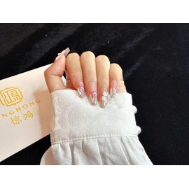JINGHONG handmade nails,press on nails, glittering flowers,long coffin, Size-Large