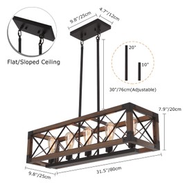 Lingkai Kitchen Island Lighting, 32 Inch 5 Light Farmhouse Linear Chandelier Dining Room Pool Table Pendant Light Fixtures, Rustic Wood Grain Finish