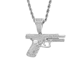 Gold Men's Punk Gun Necklace Pendant Choker Chain,Gold Plated Hip Hop Disc Rhinestone Gun Pistol Necklaces Pendants for Men Game Gifts Accessories (Sliver)