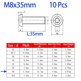 M8-1.25 x 35mm Button Head Socket Cap Screws, Stainless Steel 304, Full Thread, Allen Socket Drive, Heavy Duty Machine Hexagon Screw Drive 10 PCS