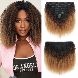 Afro Kinky Curly Clip Ins Human Hair 4C Hair Clip in Extensions Real Natural Human Hair for Black Women 8 pecs with 20 Clips 120g Dark Brown mix Honey Blone Color 18 Inch (1B4#27)