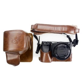 kinokoo PU Leather Camera Case for SONY A6300 A6000 and 16-50mm lens with shoulder strap ,storage bag and cleaning cloth (coffee)