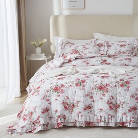 Ruffle Floral Comforter Set Twin XL Red Rose Flower Comforter Romantic Lace Floral Comforter Set Soft Microfiber Botanical Bedding Comforter Set 1 Flower Ruffled Comforter with 2 Pillowcases