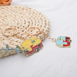 Colored Rv Camper Keychain Keyring 2 Pcs Camping Travel Keychains Camping Accessories for Rv Campers Women Camper Retro Trailer Keychain Vintage Rv Key Ring Camper Gifts for Rv Campers