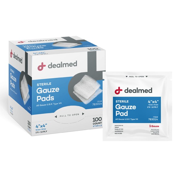 Dealmed Sterile Gauze Pads – 100 Count, 4’’ x 4’’ Gauze Pads, Disposable and Individually Wrapped Medical Gauze Pads, Wound Care Product for First Aid Kit and Medical Facilities