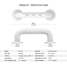Barra de agarre de ducha de acero inoxidable con acabado chapado en plástico, barras de agarre de ducha para personas mayores, círculos luminosos y brida de cubierta, barandillas de baño para discapacitados, color blanco, 12 pulgadas