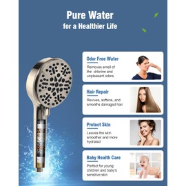 Filtered Shower Head with Handheld Brushed Nickel, BOWGER 6 Modes High Pressure Shower Heads with Power Wash Mode and Hard Water Filter, Detachable Hand Held Showerhead Set with Extra Long Hose