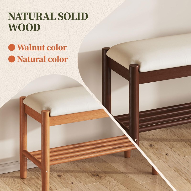 Buzleer Solid Wood Shoe Bench with Cushion, 2-Tier Shoe Rack
