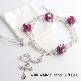 HELLOWIN Women 6mm Glass Pearl Rosary Beads Necklace Catholic Guadalupe Medal Crucifix Beaded Y Necklaces with Flannel Bag (purple)