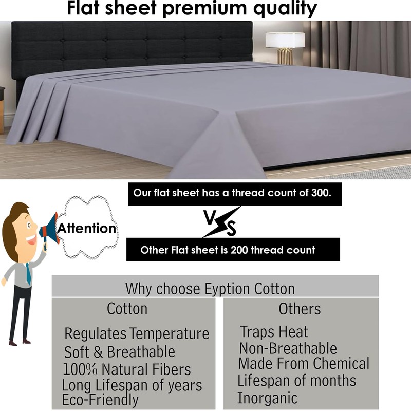 Grey Flat Sheet Double 100% Egyptian Cotton 300 Thread Count