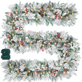 Christmas Garland 9 ft with Lights & Timer - Prelit Xmas Garland for Outdoor Christmas Decorations with Cypress Leaf Pine Cone Berries, Battery Operated Christmas Lights for Indoor, Party, Home Decor