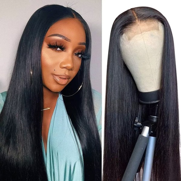 Straight Human Hair Wig Brazilian Virgin Human Hair Straight lace Wigs For Women HD Transparent Lace Closure Wigs Pre Plucked with Baby Hair Natural Black 180% Density （18 Inch straight 4x4 lace wig）