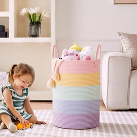 MOJOSCEND 80L Extra Large Rainbow Cotton Rope Laundry Basket Tall Hamper for Girls Kids Room Baby Nursery for Clothes Blanket Toy Storage Pastel Unicorn Room Decor in Living Room Playroom Bedroom