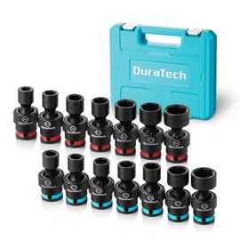 DURATECH 3/8" Drive Swivel Socket Set, 14 Pieces Shallow Universal Impact Socket Set, SAE&Metric Socket Set with Flexible Wobble, Cr-Mo Steel, 6 Points, Organized in Sturdy Storage Case