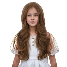 DUDUWIG Light Brown Wig for Kids Girls Long Brown Middle Part Wig Children Wavy Curly Wigs Heat Resistant Synthetic Wigs with Cap