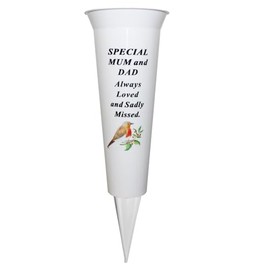 Memorial Grave Flower Pot - 33cm tall Sturdy White Memorial Graveside Flower Vase with Spike and Robin Image (Special Mum and Dad)