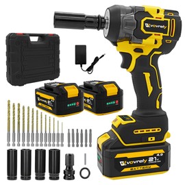 VOVRELY Cordless Impact Wrench 480 Ft-lbs(650N.m) High Torque 1/2 Inch, 3300RPM Brushless Electric Impact Gun, 2 * 4.0Ah Battery 4 Sockets 19 Drill Bits, 3 In 1 Impact Wrench for Car Home DIY