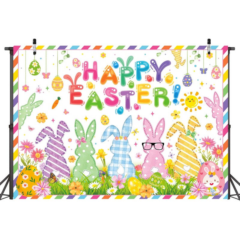 7x5ft Happy Easter Backdrop Cute Easter Bunny Style Colorful Egg