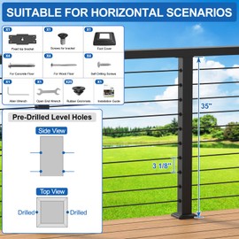 PLANTOP 35"x2"x2" Stainless Steel Cable Railing Post, Black Top Mount Level Line Post with Grommets for Deck Railing Systems, Indoor & Outdoor Use, MY08-L