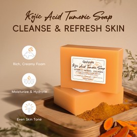 Quiyum Kojic Acid & Turmeric Soap Bar (3x120g), Face & Body Cleanser with Vitamin C, Retinol, Shea Butter & Hyaluronic Acid for Even Skin Tone, Dark Spot, Acne & Smooth Skin, with A Foaming Net