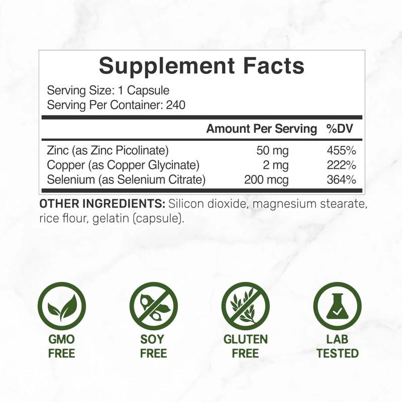 Zinc 50mg with Selenium 200mcg + Copper, 240 Capsules, 8