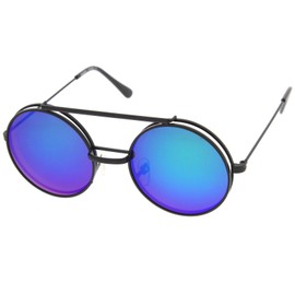zeroUV Mid Size Flip-Up Colored Mirror Lens Round Django Sunglasses 49mm (Black/Green Mirror)