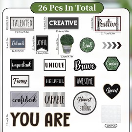 FYSUIMU 26Pcs Modern Farmhouse Inspirational Bulletin Board Motivational Sayings Paper Cutouts with 100Pcs Glue Points for Back to School Party Classroom Craft Wall Decor