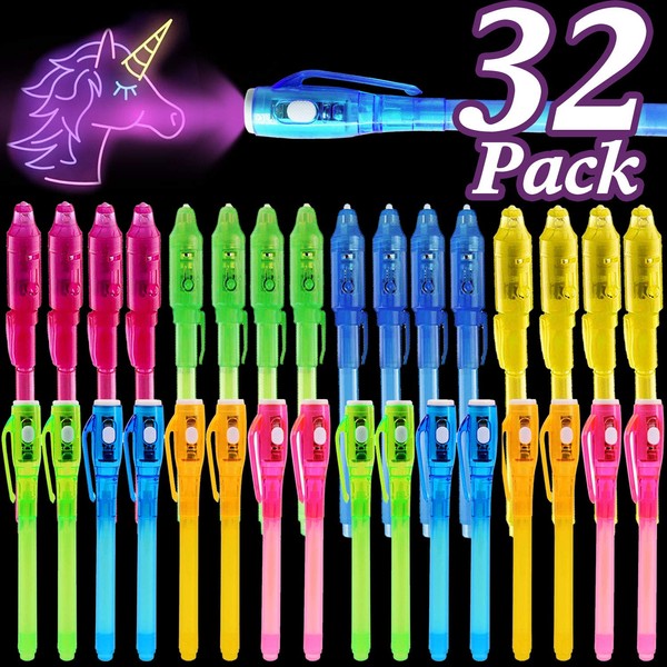 32 Pack Invisible Ink Pen with UV Black Light Secret Spy Pens Magic Disappearing Ink Markers School Supplies Kids Party Favors Halloween Classroom Gift for Boys Girls Goodie Bags Stuffers (2 Style)