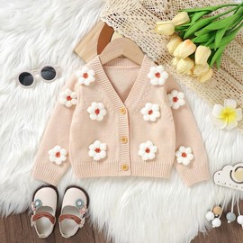 Opewod Baby Girl Cardigan Toddler Warm Knit Sweater V-Neck Button Long Sleeve Coats Fall Winter Clothes Beige 2-3T