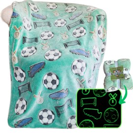 Soccer Throw Blanket: Glow in The Dark, Cozy, Soft, Warm Fleece Blanket for Boys and Girls with Ball, Goal, Cleats, and Medal, 50" x 60" (Green)