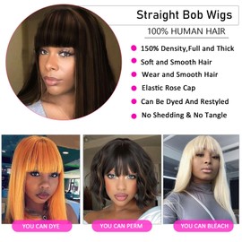 ManeMajesty Highlight Ombre Short Bob Wig with Bangs 14 inch Straight Hair with Bangs Glueless Non Lace Front Wig Machine Made YAKI Straight Bob Human Hair Wigs for Women FS1B/30