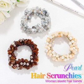 Reaky 3 Pieces Beige Beaded Elastic Hair Scrunchies Elastic Hair Scrunchies Scrunchies