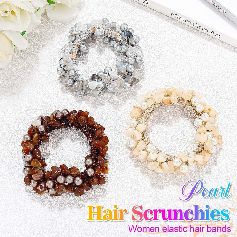 Reaky 3 Pieces Beige Beaded Elastic Hair Scrunchies Elastic Hair
