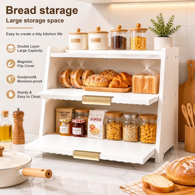 Txcucc Large Bread Box, White, Double Layer Wooden