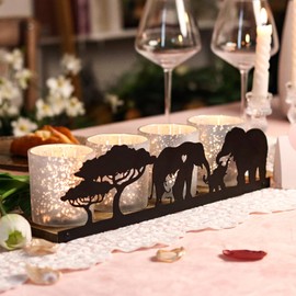 SYFURNIX Elephant Decor Mom & Child Mercury Glass Tealight Votive Candle Holders with Wooden Tray Home Décor Gift for Mothers, Grandmas, Baby Showers | Mantle, Coffee Table Decor